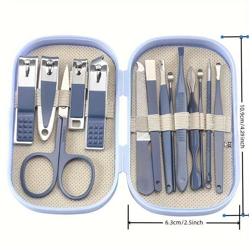 Ein 14-teiliges Maniküre- und Pediküre-Set aus Edelstahl, inklusive moderner Nagelknipser mit konkaven Kanten und Pflegeinstrumenten, sowie einer praktischen Aufbewahrungsbox – ein geruchsneutrales Nagelpflege-Set für Damen und Herren.