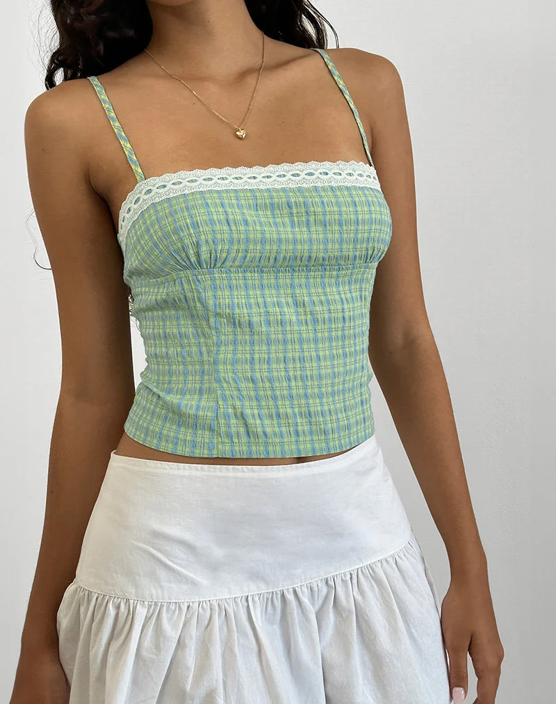 Kinaya Cami Top in blau-gelbem Karo
