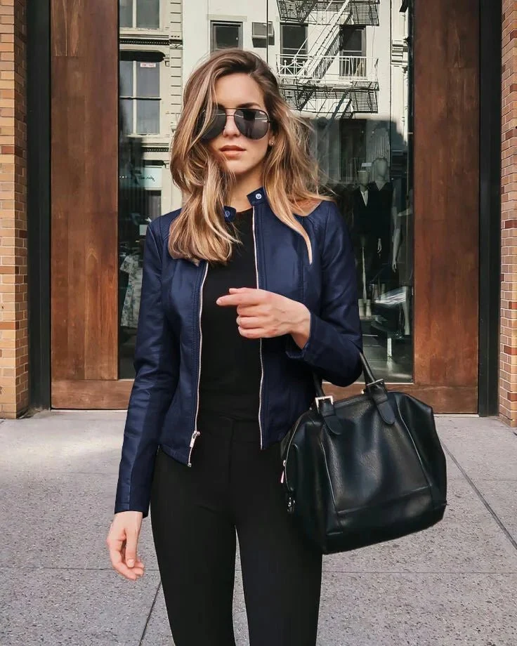 Vintage Damen Leder Bomberjacke mit Reißverschluss Windbreaker Y2K Blazer Mode