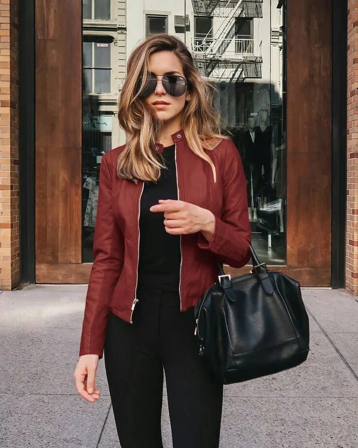 Vintage Damen Leder Bomberjacke mit Reißverschluss Windbreaker Y2K Blazer Mode