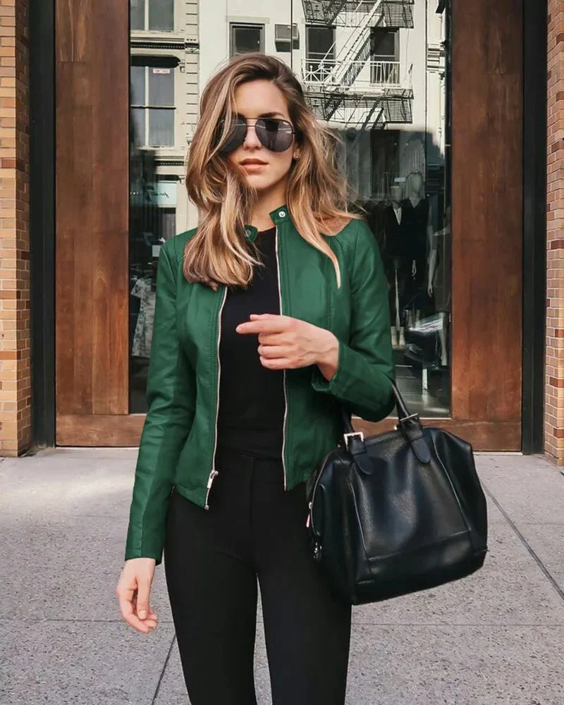 Vintage Damen Leder Bomberjacke mit Reißverschluss Windbreaker Y2K Blazer Mode
