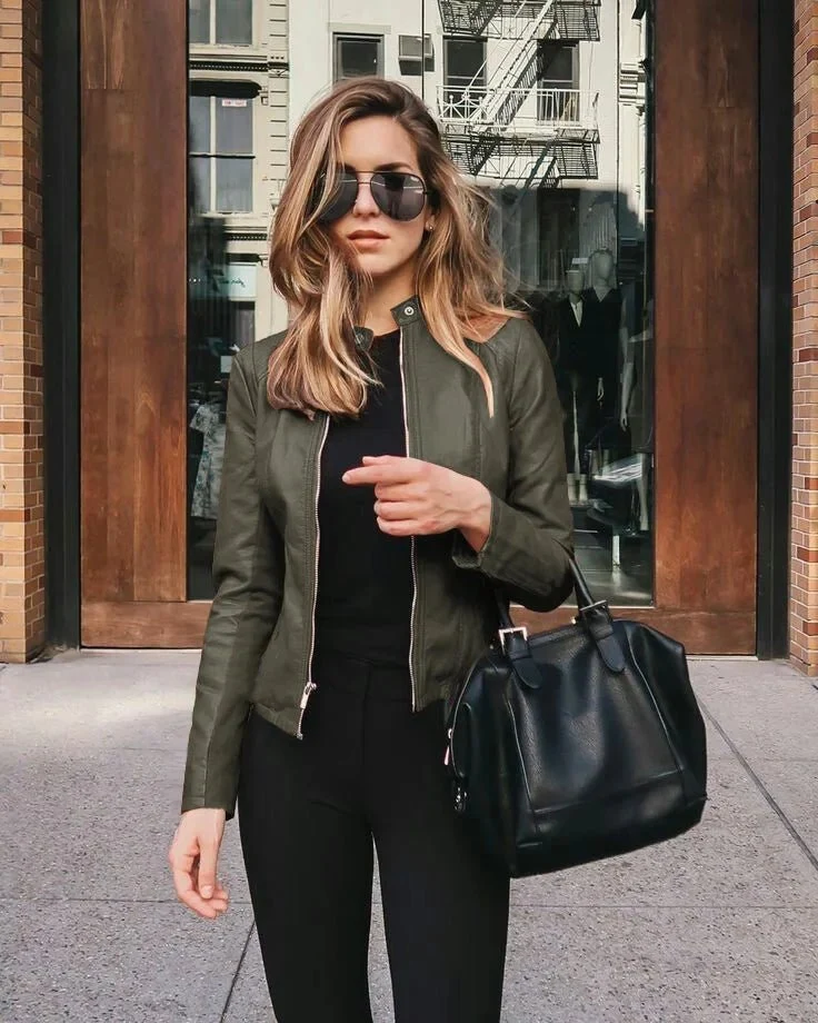 Vintage Damen Leder Bomberjacke mit Reißverschluss Windbreaker Y2K Blazer Mode