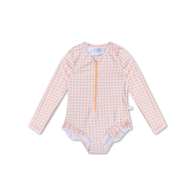 UV Swimsuit Girls With Sleeves - Orange/White - Sunset Grid