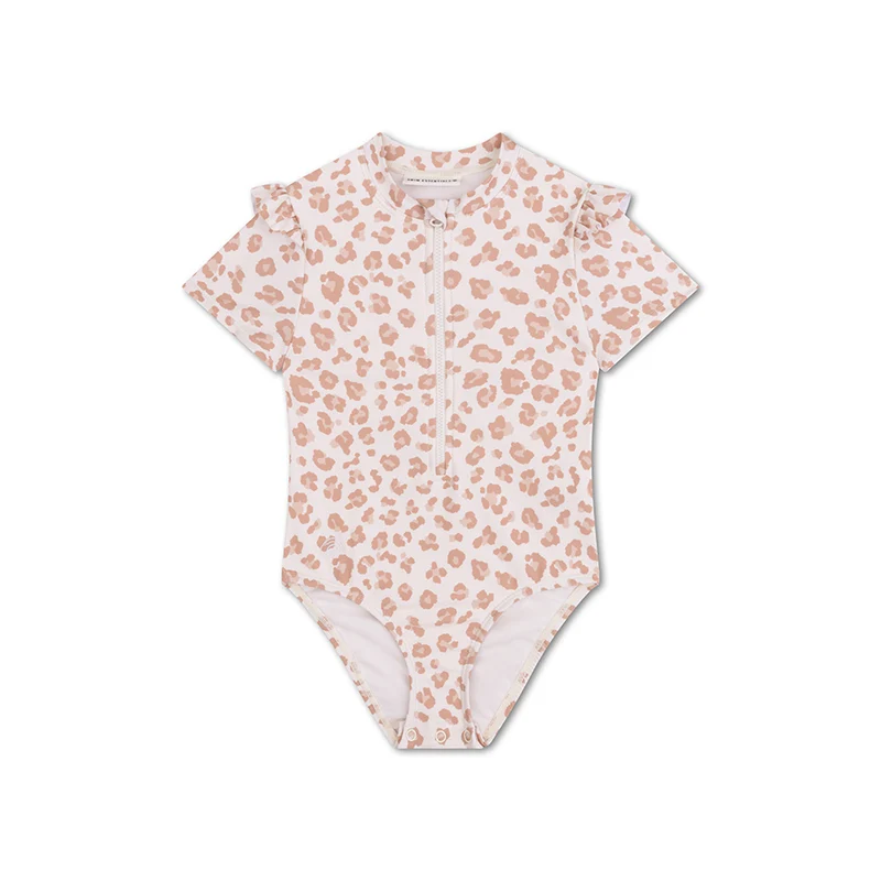 Swimsuit Girls With Short Sleeves - Beige - Leopard