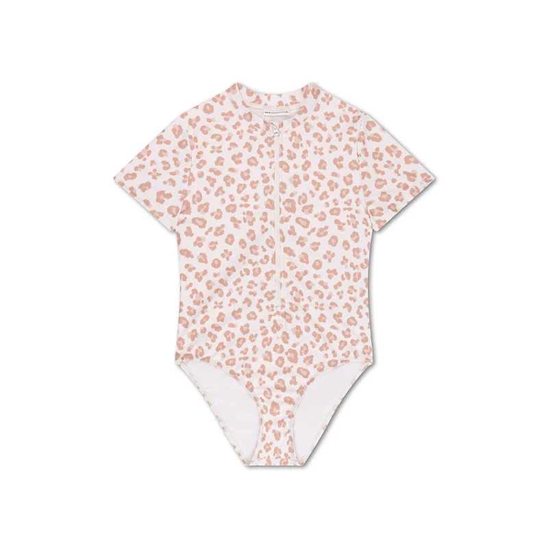 Swimsuit Girls With Short Sleeves - Beige - Leopard
