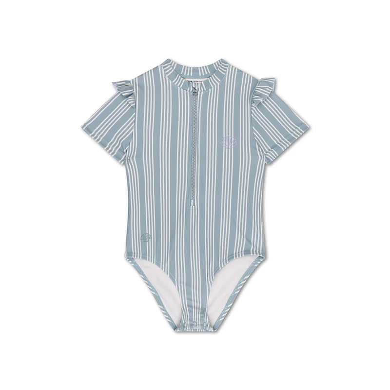 Swimsuit Girls With Short Sleeves - Green/White - Resort Stripe