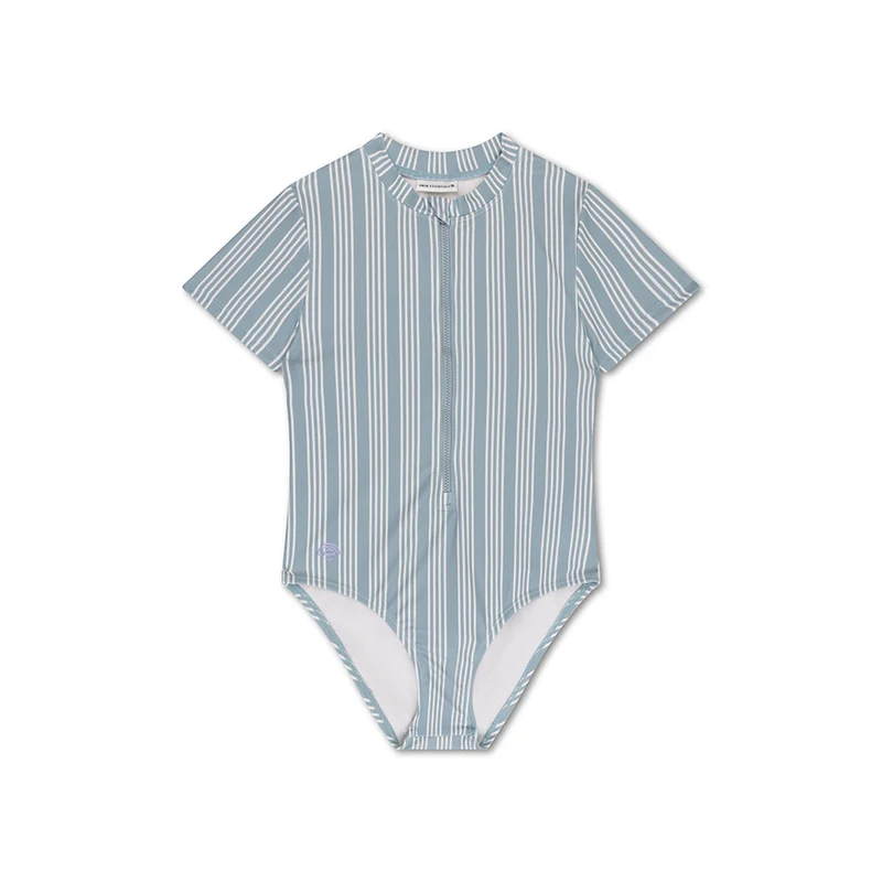 Swimsuit Girls With Short Sleeves - Green/White - Resort Stripe