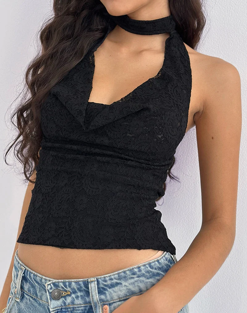Samwell Neckholder-Top aus Paisley-Spitze Schwarz