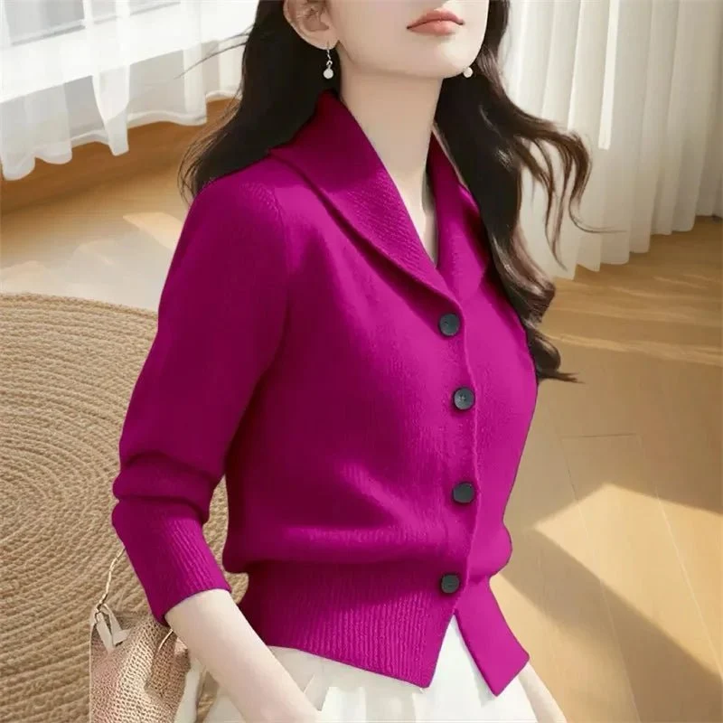 Damen-Strickjacke mit Revers – Weiche, hochelastische Jacke mit Knopfleiste für Frühling und Herbst