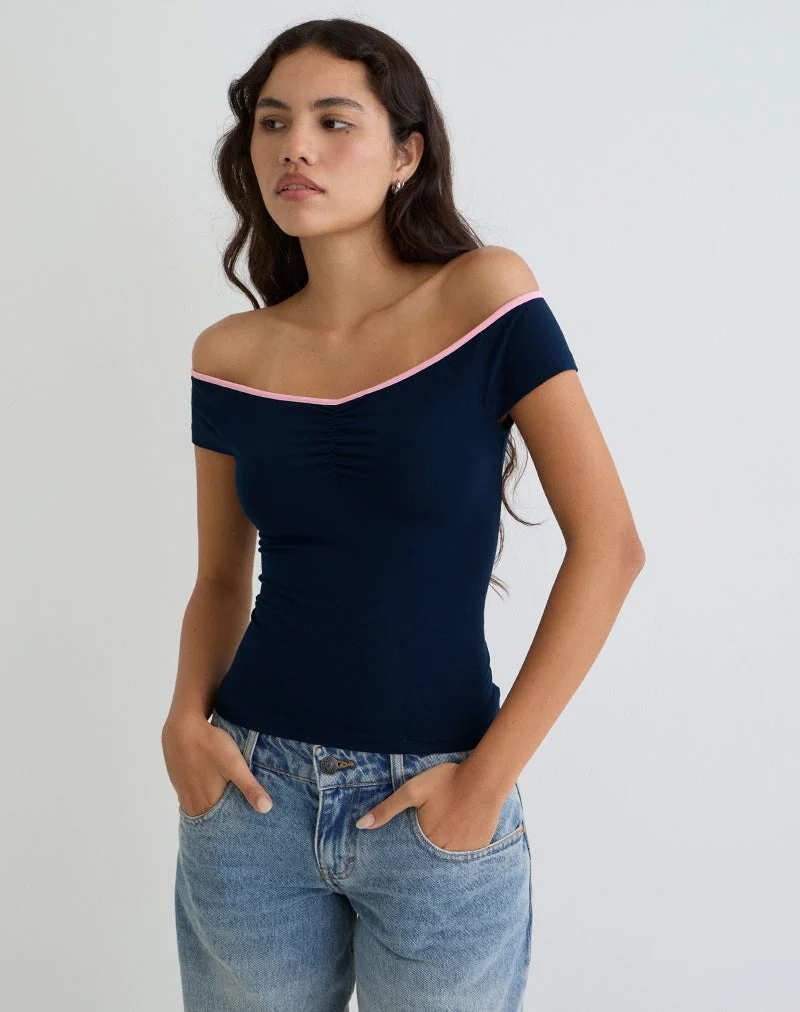 Mayomi Schulterfreies Oberteil in Marineblau mit rosa Bändern