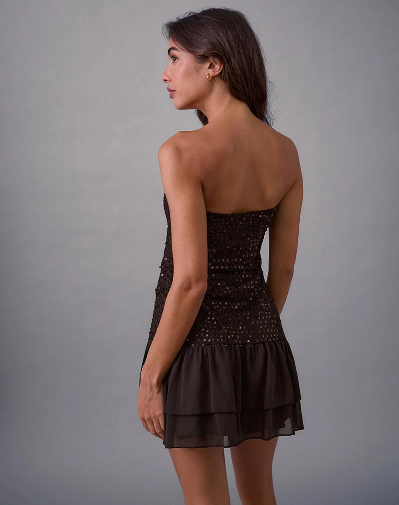 Tinosa Korsettkleid mit Rüschen und Pailletten in Braun