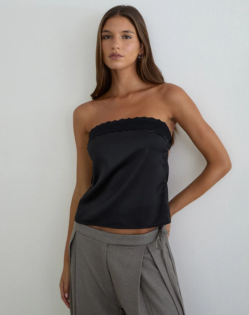 Minae Bandeau-Top mit Spitzenbesatz aus schwarzem Satin