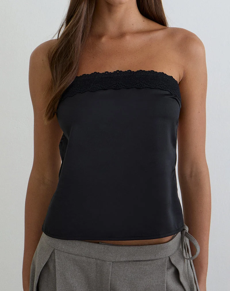 Minae Bandeau-Top mit Spitzenbesatz aus schwarzem Satin