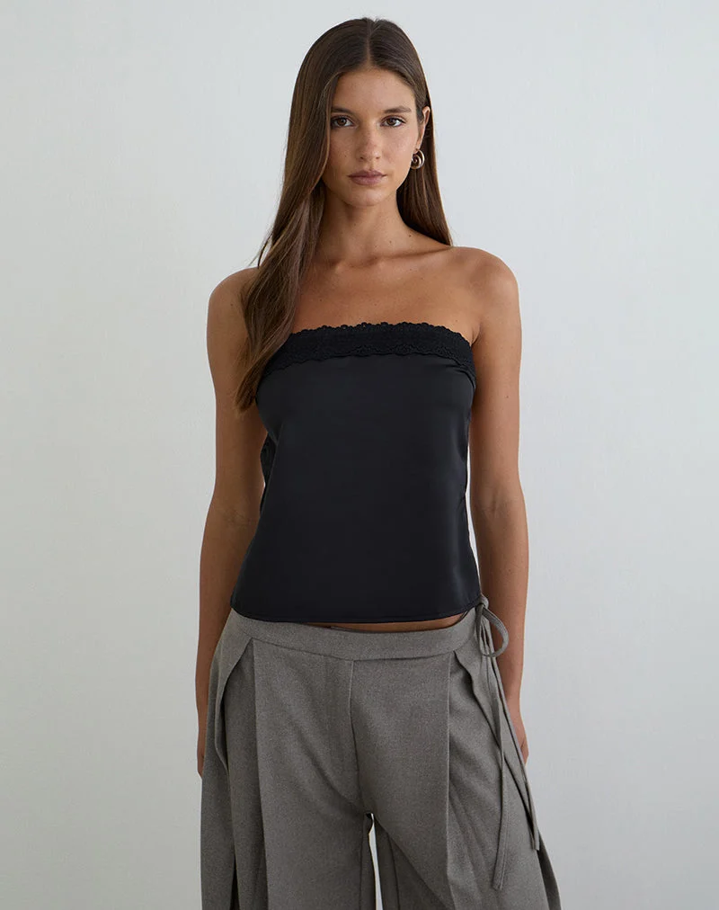 Minae Bandeau-Top mit Spitzenbesatz aus schwarzem Satin