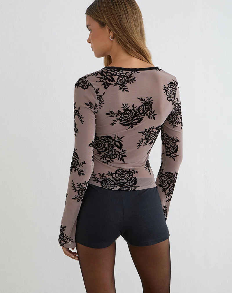 Jumah Top in Taupe-Grau mit auffälligem Blumenflock