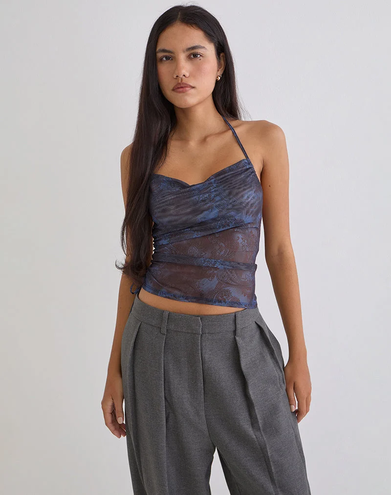 Xiomara Neckholder-Top in Mitternachtsblau mit Paisley-Muster