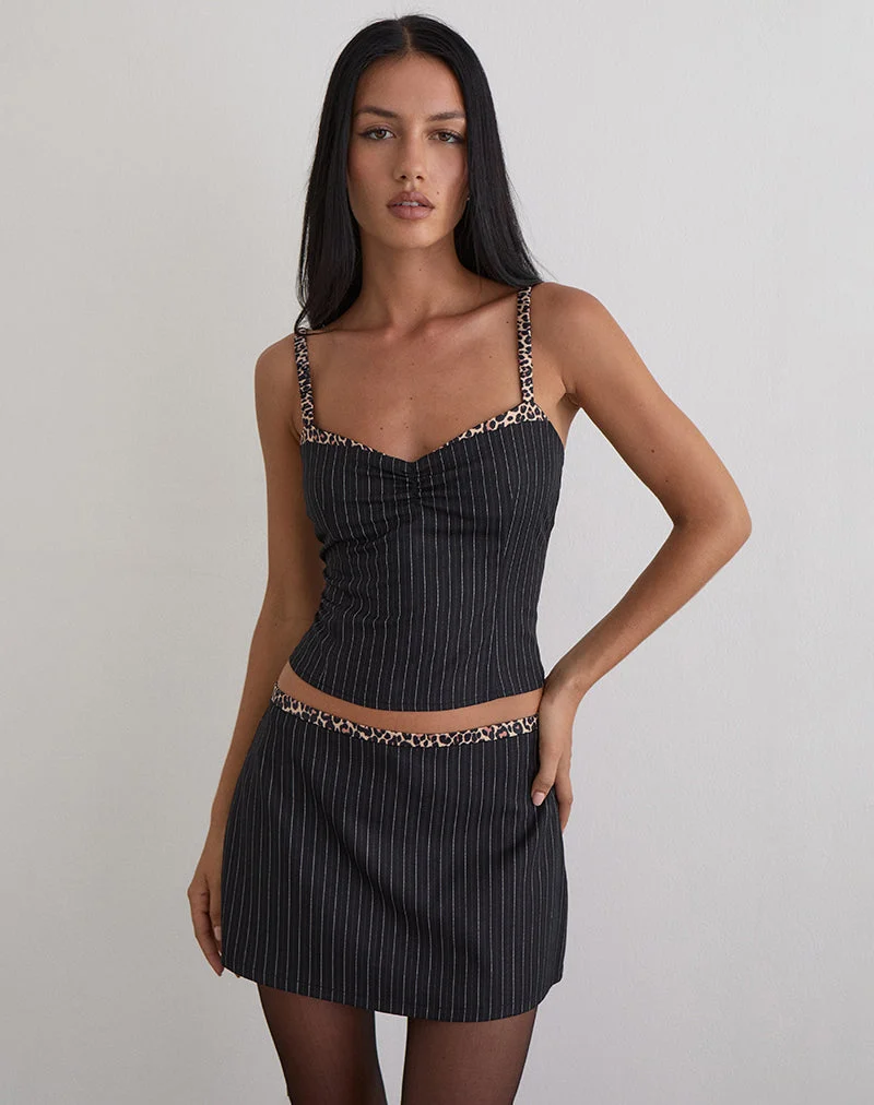 Elsa Top in Nadelstreifen schwarz mit Leopardenbindung