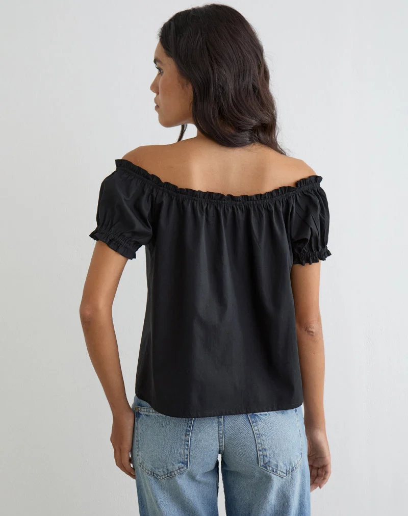 Tempest Bardot Oberteil mit Puffärmeln aus Popeline, schwarz