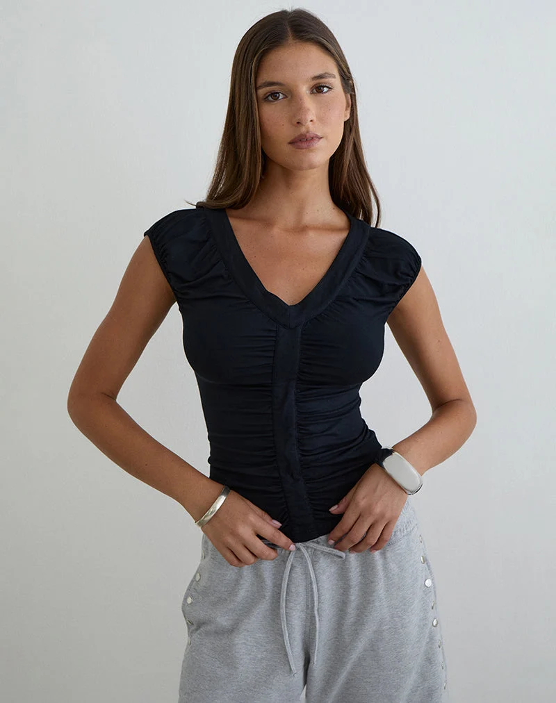 Atheia Top mit V-Ausschnitt aus Rayon-Jersey, schwarz