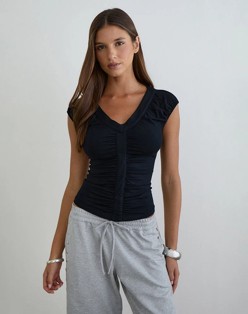 Atheia Top mit V-Ausschnitt aus Rayon-Jersey, schwarz