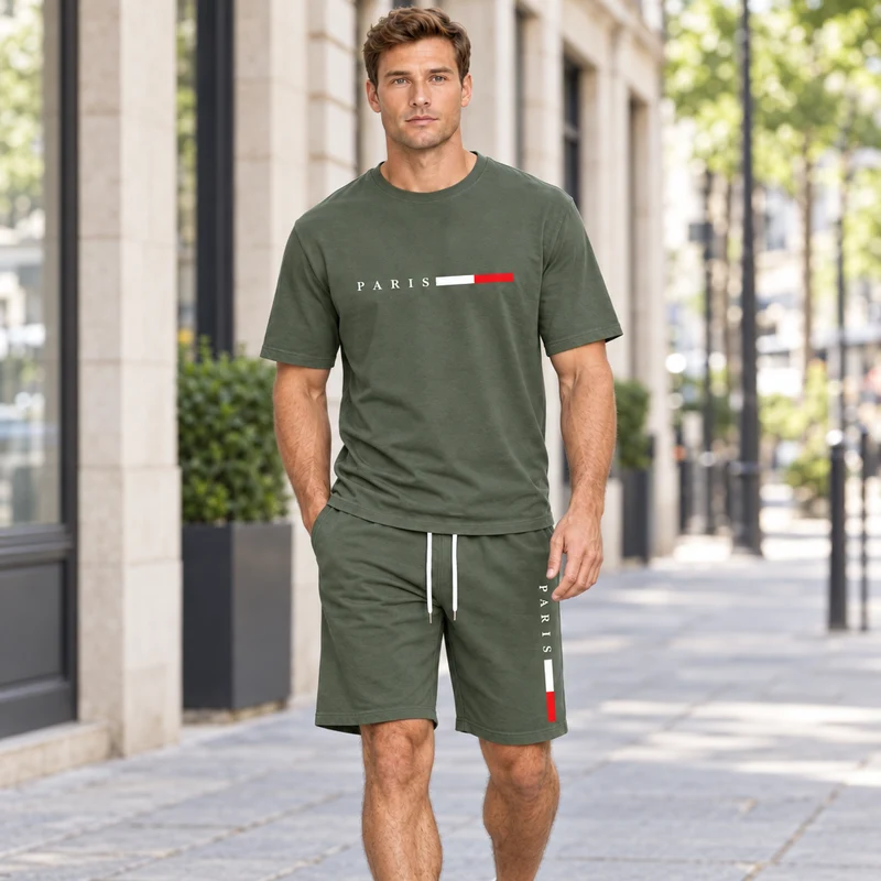 Herren-Sommer-Trainingsanzug-Set – 2-teiliger Kurzarm-Laufanzug mit Rundhalsausschnitt und T-Shirt in Übergröße