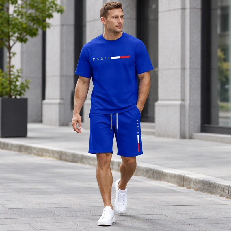 Herren-Sommer-Trainingsanzug-Set – 2-teiliger Kurzarm-Laufanzug mit Rundhalsausschnitt und T-Shirt in Übergröße