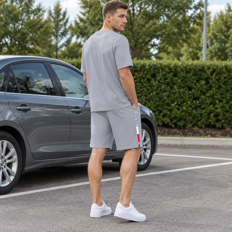Herren-Sommer-Trainingsanzug-Set – 2-teiliger Kurzarm-Laufanzug mit Rundhalsausschnitt und T-Shirt in Übergröße