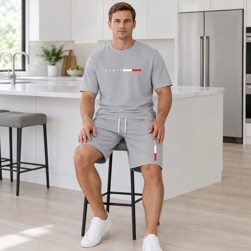 Herren-Sommer-Trainingsanzug-Set – 2-teiliger Kurzarm-Laufanzug mit Rundhalsausschnitt und T-Shirt in Übergröße