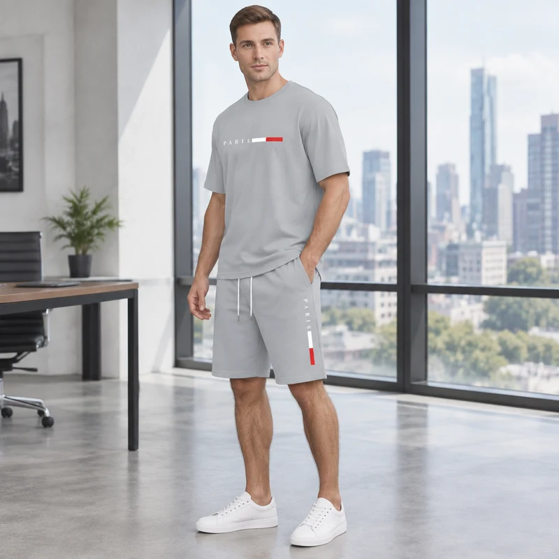 Herren-Sommer-Trainingsanzug-Set – 2-teiliger Kurzarm-Laufanzug mit Rundhalsausschnitt und T-Shirt in Übergröße