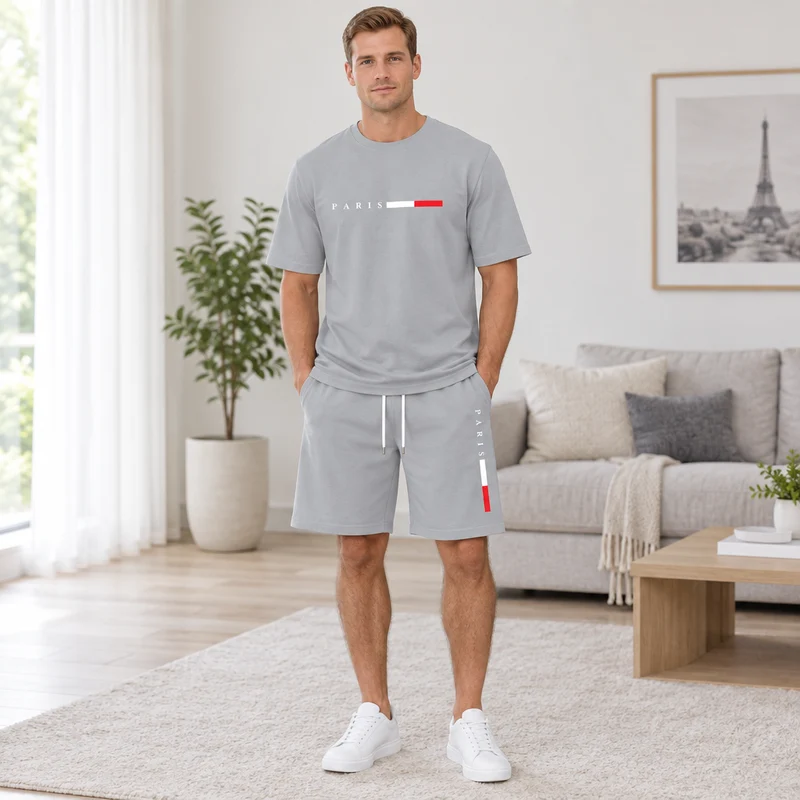 Herren-Sommer-Trainingsanzug-Set – 2-teiliger Kurzarm-Laufanzug mit Rundhalsausschnitt und T-Shirt in Übergröße
