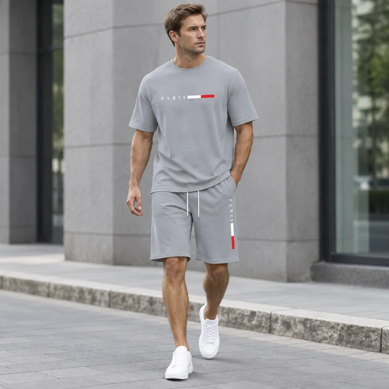 Herren-Sommer-Trainingsanzug-Set – 2-teiliger Kurzarm-Laufanzug mit Rundhalsausschnitt und T-Shirt in Übergröße