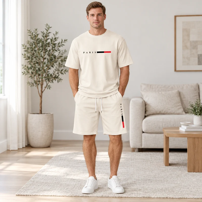 Herren-Sommer-Trainingsanzug-Set – 2-teiliger Kurzarm-Laufanzug mit Rundhalsausschnitt und T-Shirt in Übergröße
