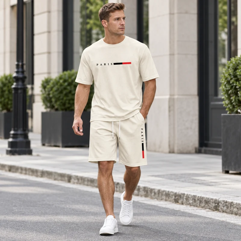 Herren-Sommer-Trainingsanzug-Set – 2-teiliger Kurzarm-Laufanzug mit Rundhalsausschnitt und T-Shirt in Übergröße