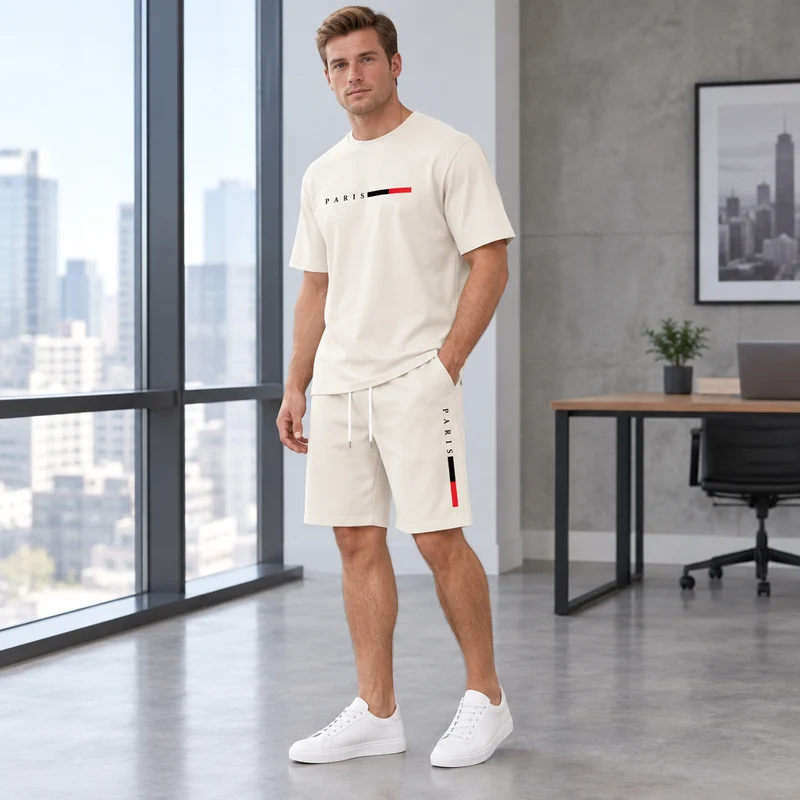 Herren-Sommer-Trainingsanzug-Set – 2-teiliger Kurzarm-Laufanzug mit Rundhalsausschnitt und T-Shirt in Übergröße