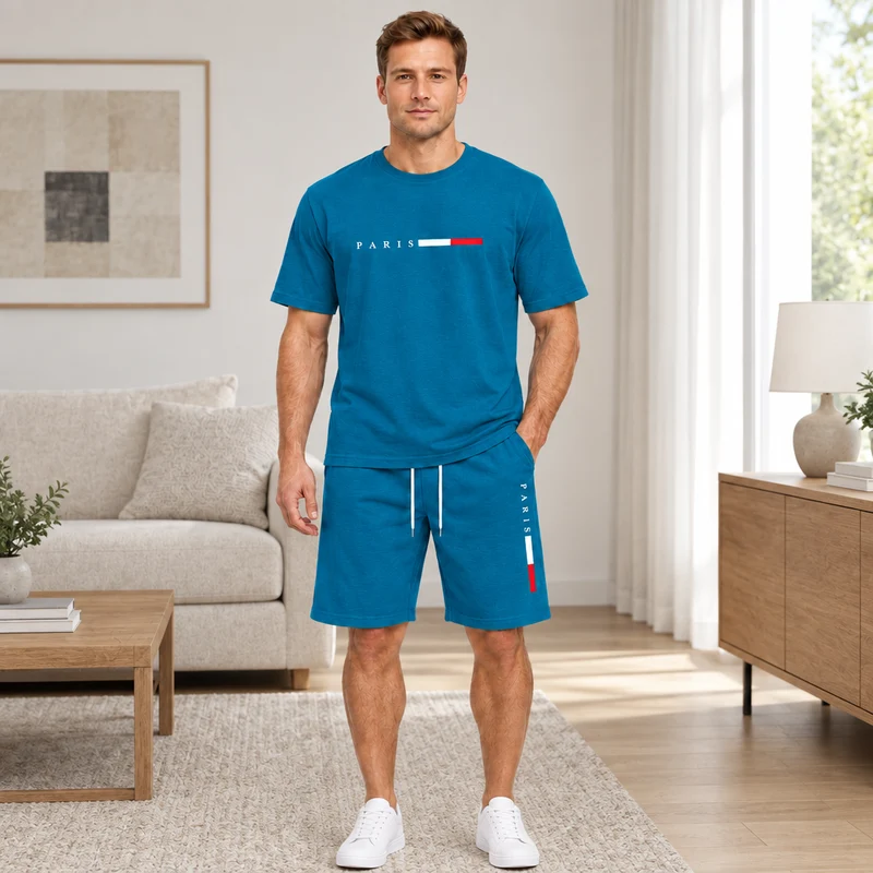 Herren-Sommer-Trainingsanzug-Set – 2-teiliger Kurzarm-Laufanzug mit Rundhalsausschnitt und T-Shirt in Übergröße
