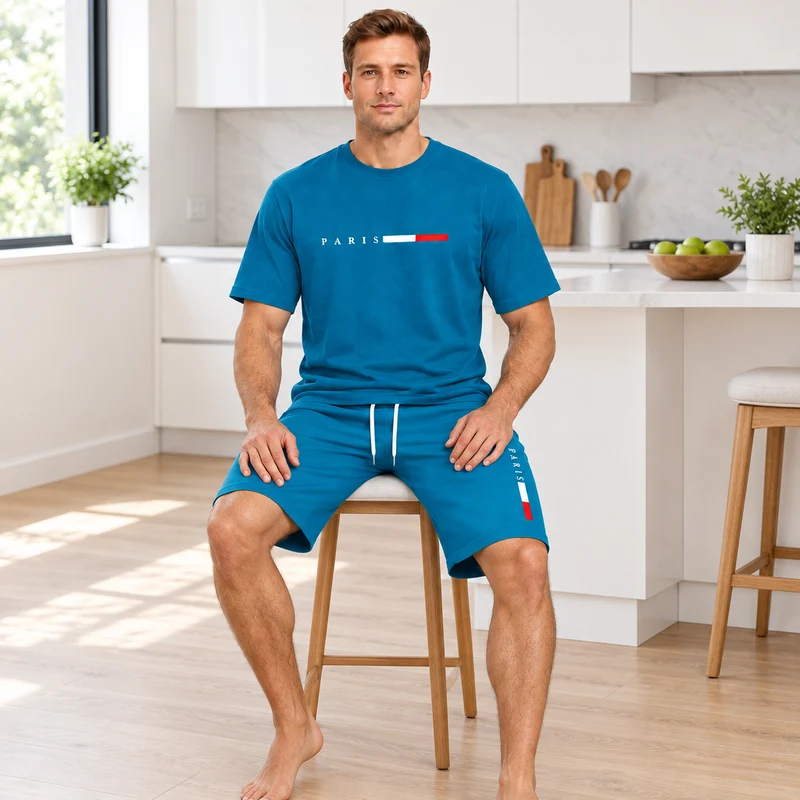 Herren-Sommer-Trainingsanzug-Set – 2-teiliger Kurzarm-Laufanzug mit Rundhalsausschnitt und T-Shirt in Übergröße