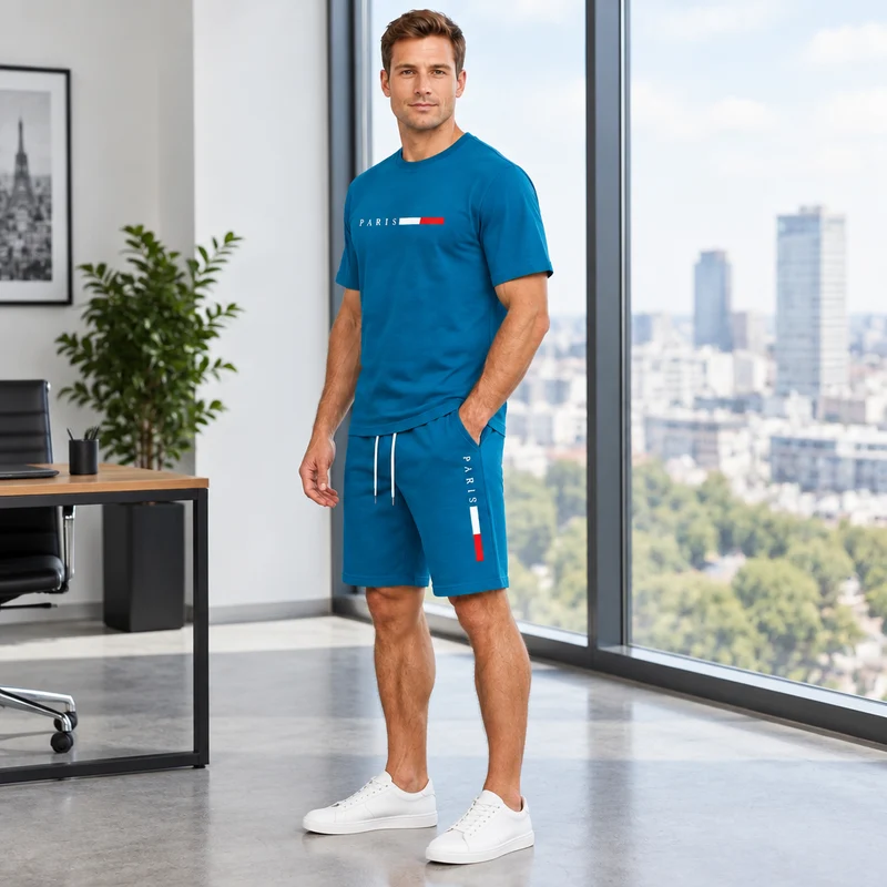 Herren-Sommer-Trainingsanzug-Set – 2-teiliger Kurzarm-Laufanzug mit Rundhalsausschnitt und T-Shirt in Übergröße