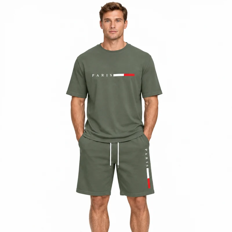 Herren-Sommer-Trainingsanzug-Set – 2-teiliger Kurzarm-Laufanzug mit Rundhalsausschnitt und T-Shirt in Übergröße