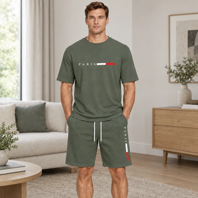 Herren-Sommer-Trainingsanzug-Set – 2-teiliger Kurzarm-Laufanzug mit Rundhalsausschnitt und T-Shirt in Übergröße