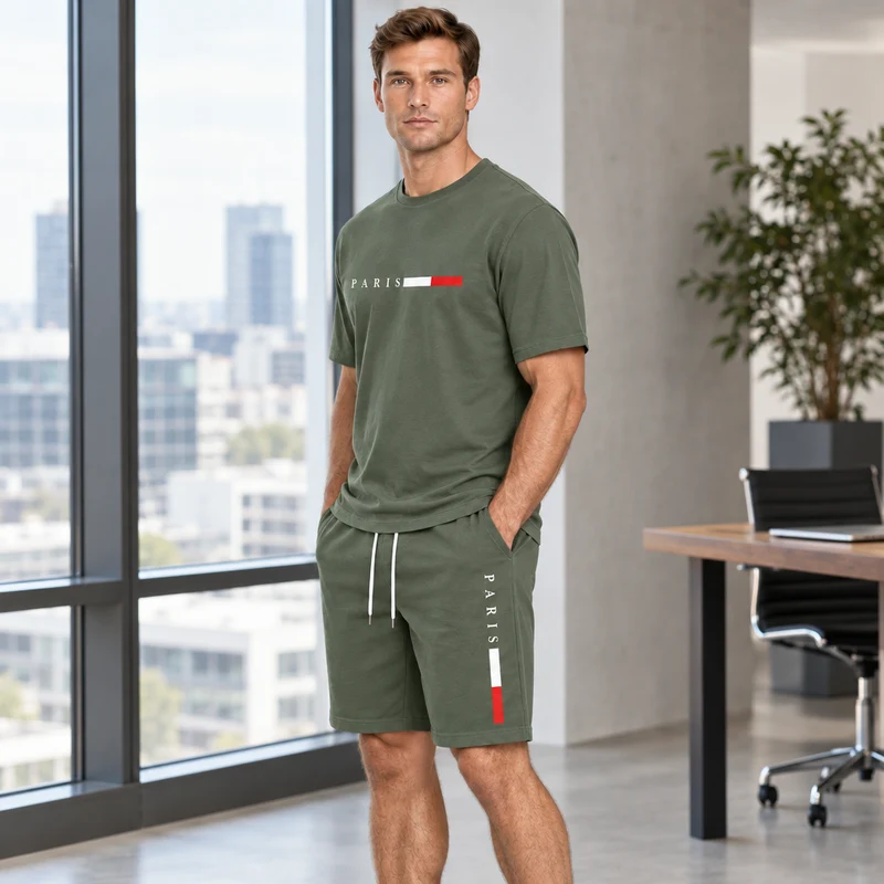 Herren-Sommer-Trainingsanzug-Set – 2-teiliger Kurzarm-Laufanzug mit Rundhalsausschnitt und T-Shirt in Übergröße