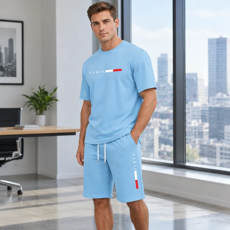 Herren-Sommer-Trainingsanzug-Set – 2-teiliger Kurzarm-Laufanzug mit Rundhalsausschnitt und T-Shirt in Übergröße