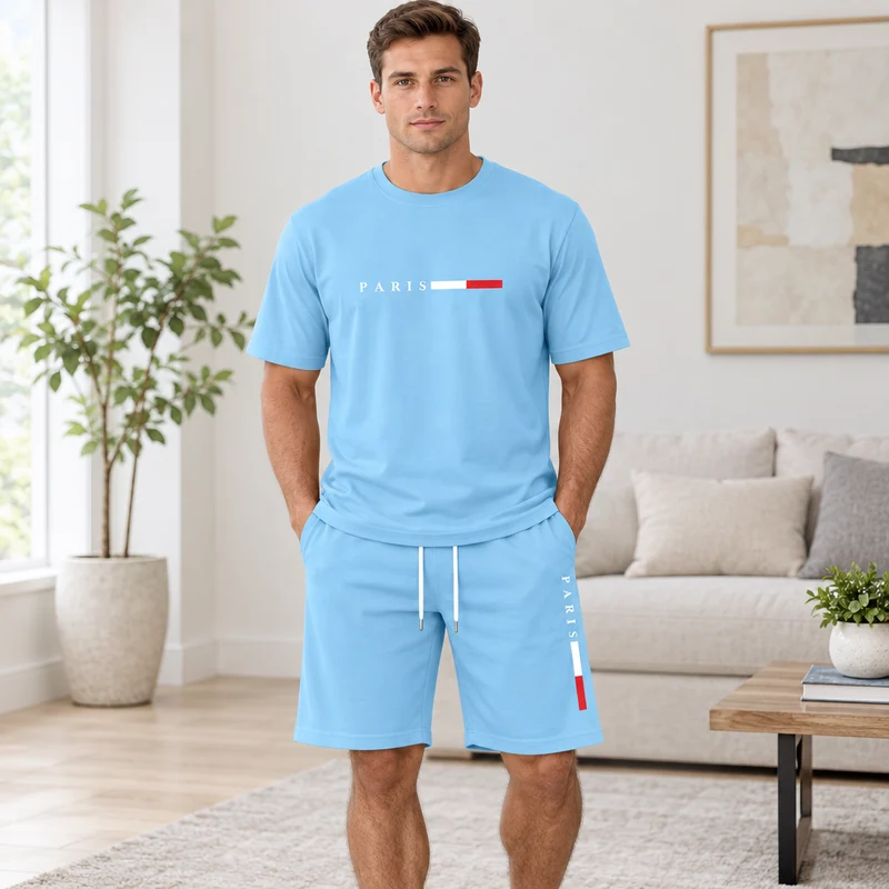 Herren-Sommer-Trainingsanzug-Set – 2-teiliger Kurzarm-Laufanzug mit Rundhalsausschnitt und T-Shirt in Übergröße