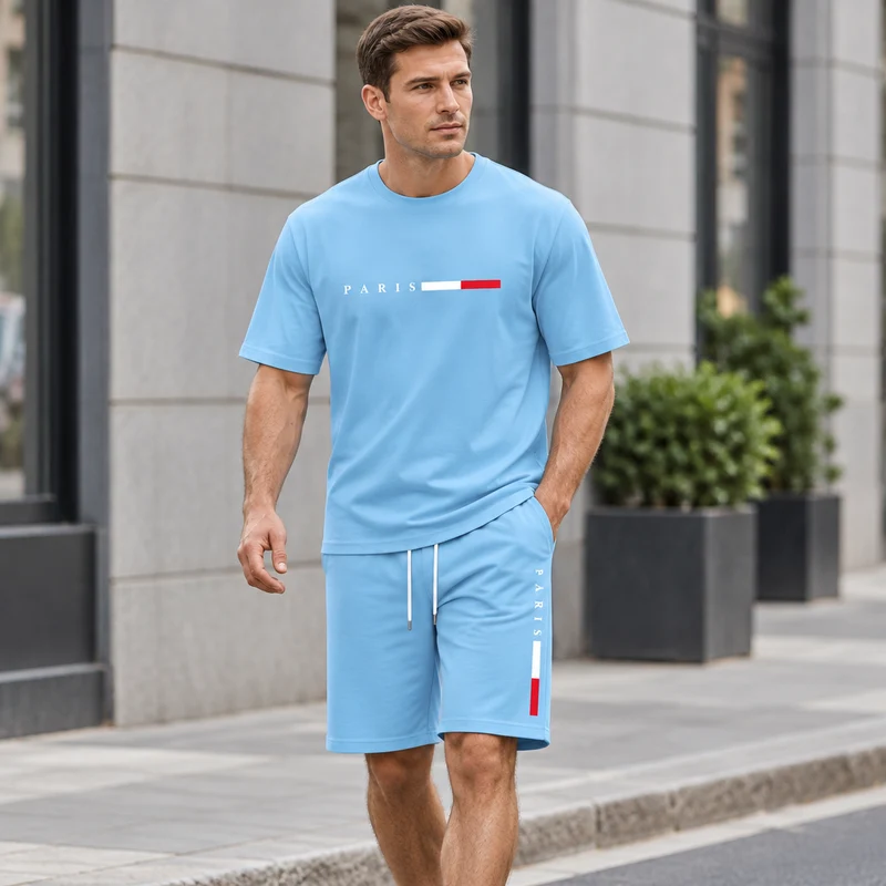 Herren-Sommer-Trainingsanzug-Set – 2-teiliger Kurzarm-Laufanzug mit Rundhalsausschnitt und T-Shirt in Übergröße