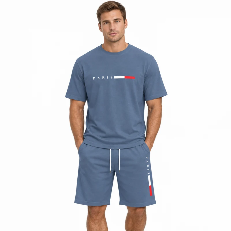 Herren-Sommer-Trainingsanzug-Set – 2-teiliger Kurzarm-Laufanzug mit Rundhalsausschnitt und T-Shirt in Übergröße