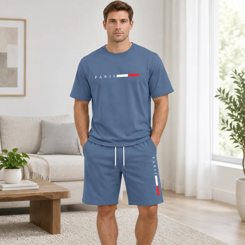 Herren-Sommer-Trainingsanzug-Set – 2-teiliger Kurzarm-Laufanzug mit Rundhalsausschnitt und T-Shirt in Übergröße