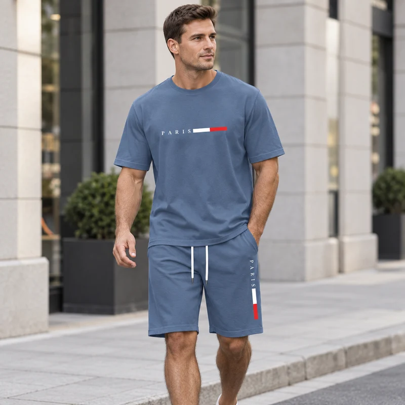 Herren-Sommer-Trainingsanzug-Set – 2-teiliger Kurzarm-Laufanzug mit Rundhalsausschnitt und T-Shirt in Übergröße