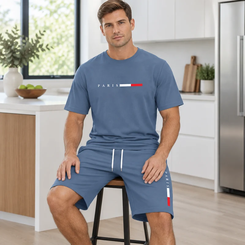 Herren-Sommer-Trainingsanzug-Set – 2-teiliger Kurzarm-Laufanzug mit Rundhalsausschnitt und T-Shirt in Übergröße