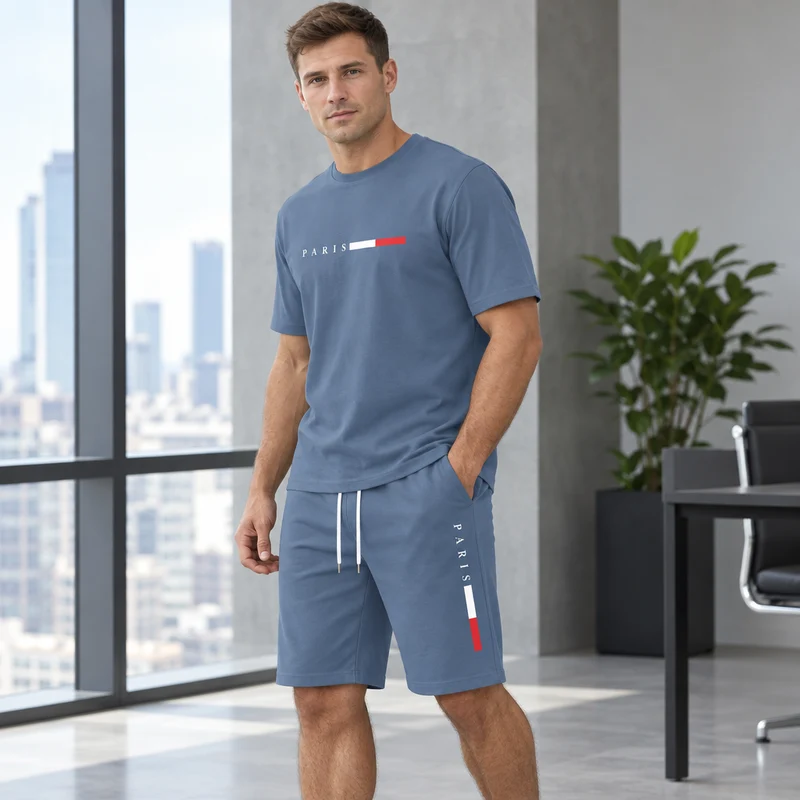 Herren-Sommer-Trainingsanzug-Set – 2-teiliger Kurzarm-Laufanzug mit Rundhalsausschnitt und T-Shirt in Übergröße