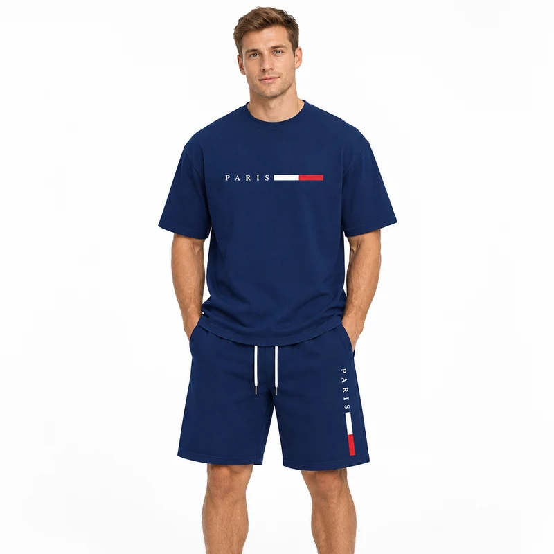 Herren-Sommer-Trainingsanzug-Set – 2-teiliger Kurzarm-Laufanzug mit Rundhalsausschnitt und T-Shirt in Übergröße