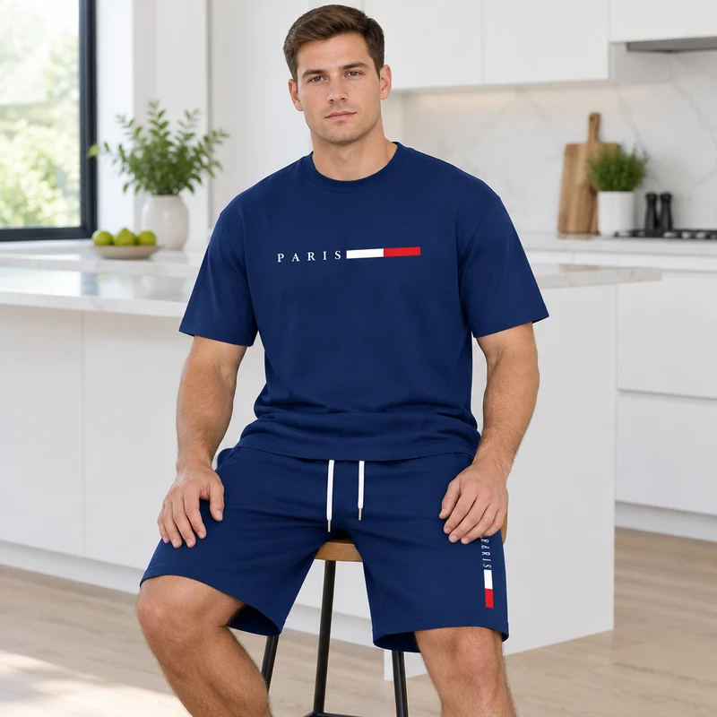 Herren-Sommer-Trainingsanzug-Set – 2-teiliger Kurzarm-Laufanzug mit Rundhalsausschnitt und T-Shirt in Übergröße
